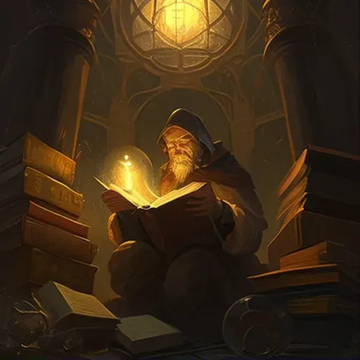 Scholar immersed in a book beneath the glow of a soft lantern surrounded by a library of ancient texts - Image 1