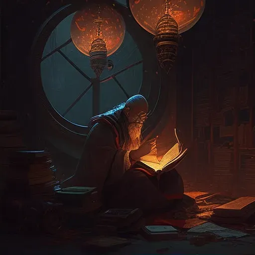 Scholar immersed in a book beneath the glow of a soft lantern surrounded by a library of ancient texts - Image 2