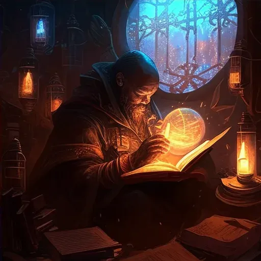 Scholar immersed in a book beneath the glow of a soft lantern surrounded by a library of ancient texts - Image 4