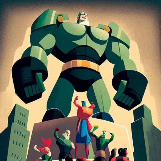 Dynamic illustration of triumphant superheroes standing over a defeated robot - Image 3