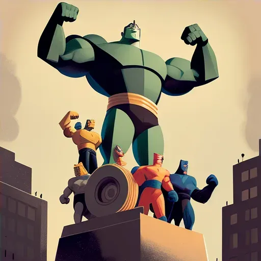 Dynamic illustration of triumphant superheroes standing over a defeated robot - Image 4