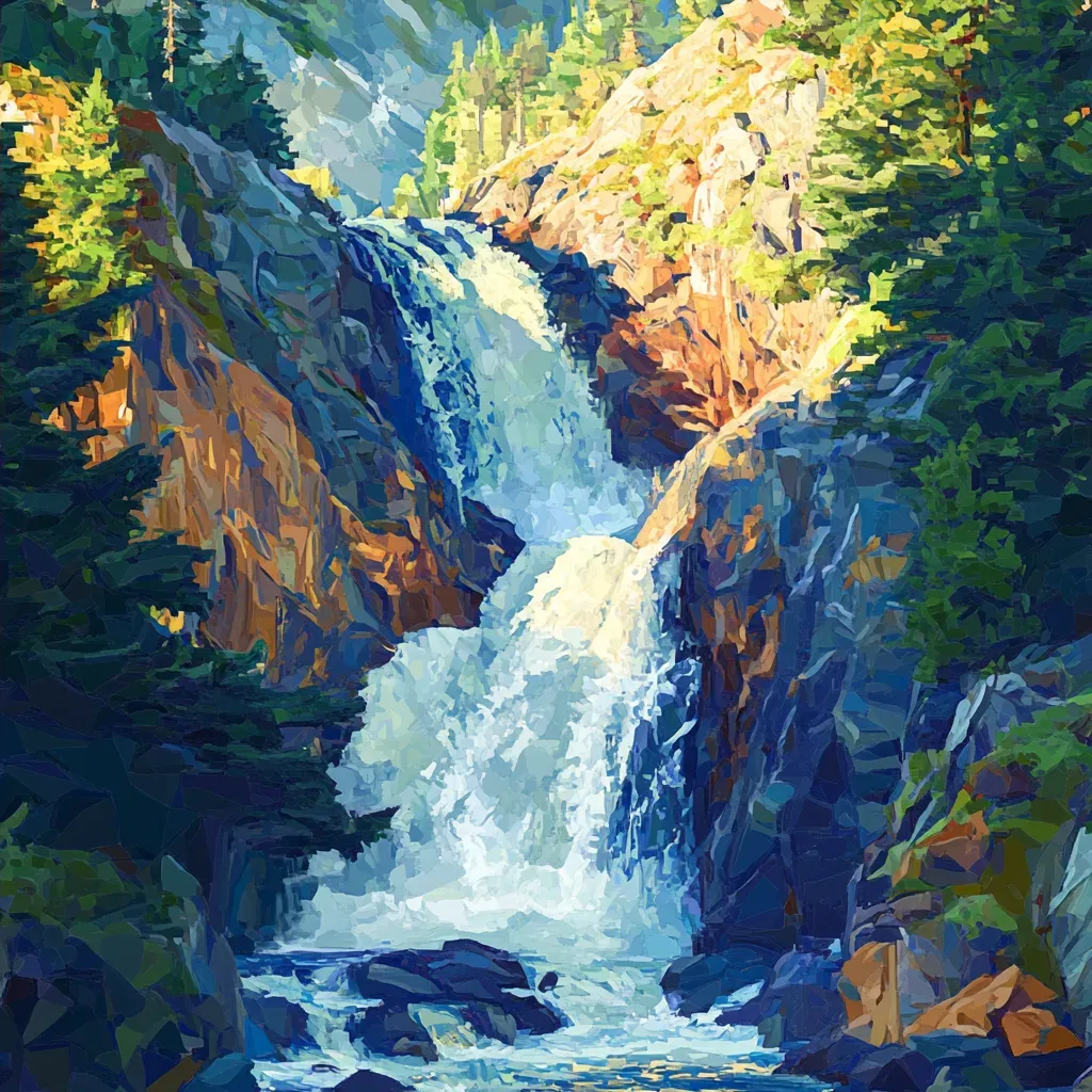 Dynamic, low poly depiction of a roaring waterfall cascading down a mountainside - Image 2