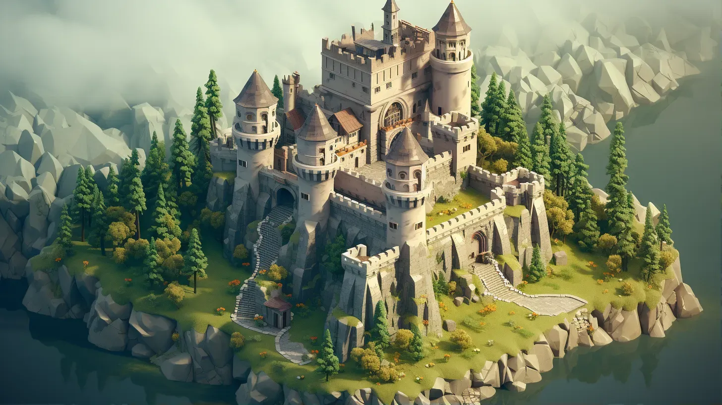 Isometric view of a detailed low poly medieval castle in the forest - Image 1