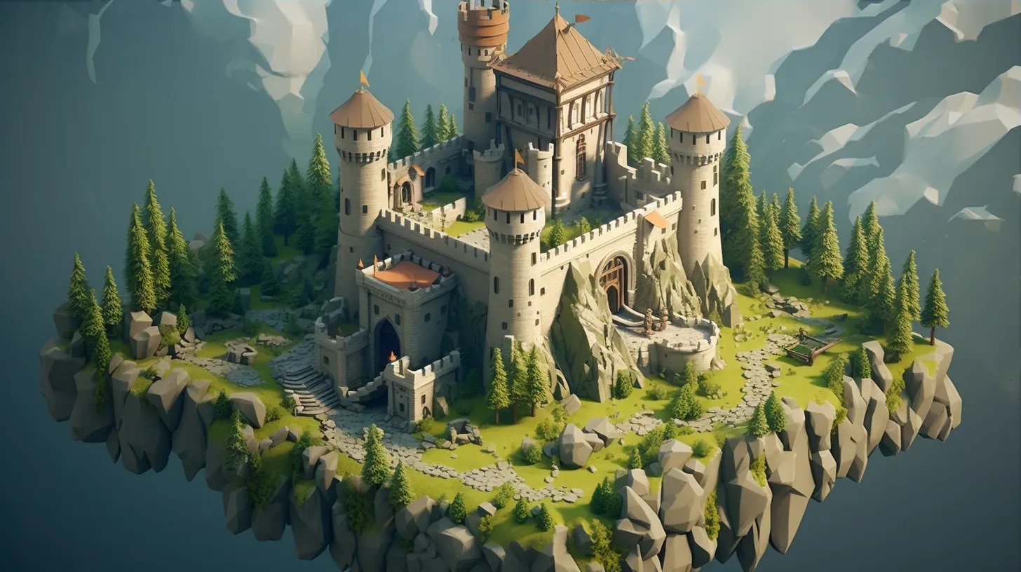 Isometric view of a detailed low poly medieval castle in the forest - Image 3