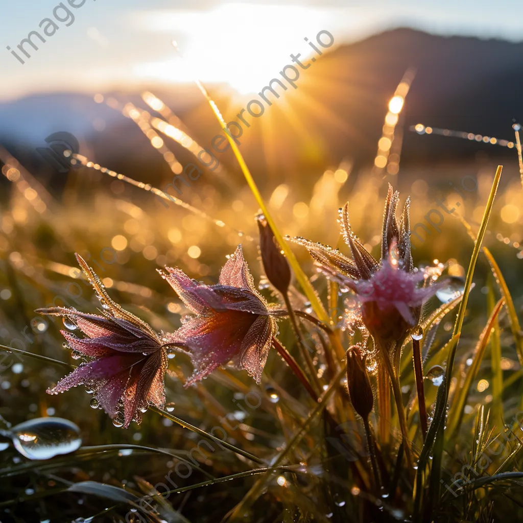 Close-up image of wildflowers with dew in an alpine meadow at sunrise. - Image 1