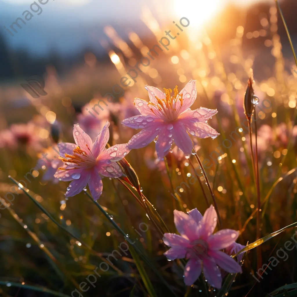 Close-up image of wildflowers with dew in an alpine meadow at sunrise. - Image 2