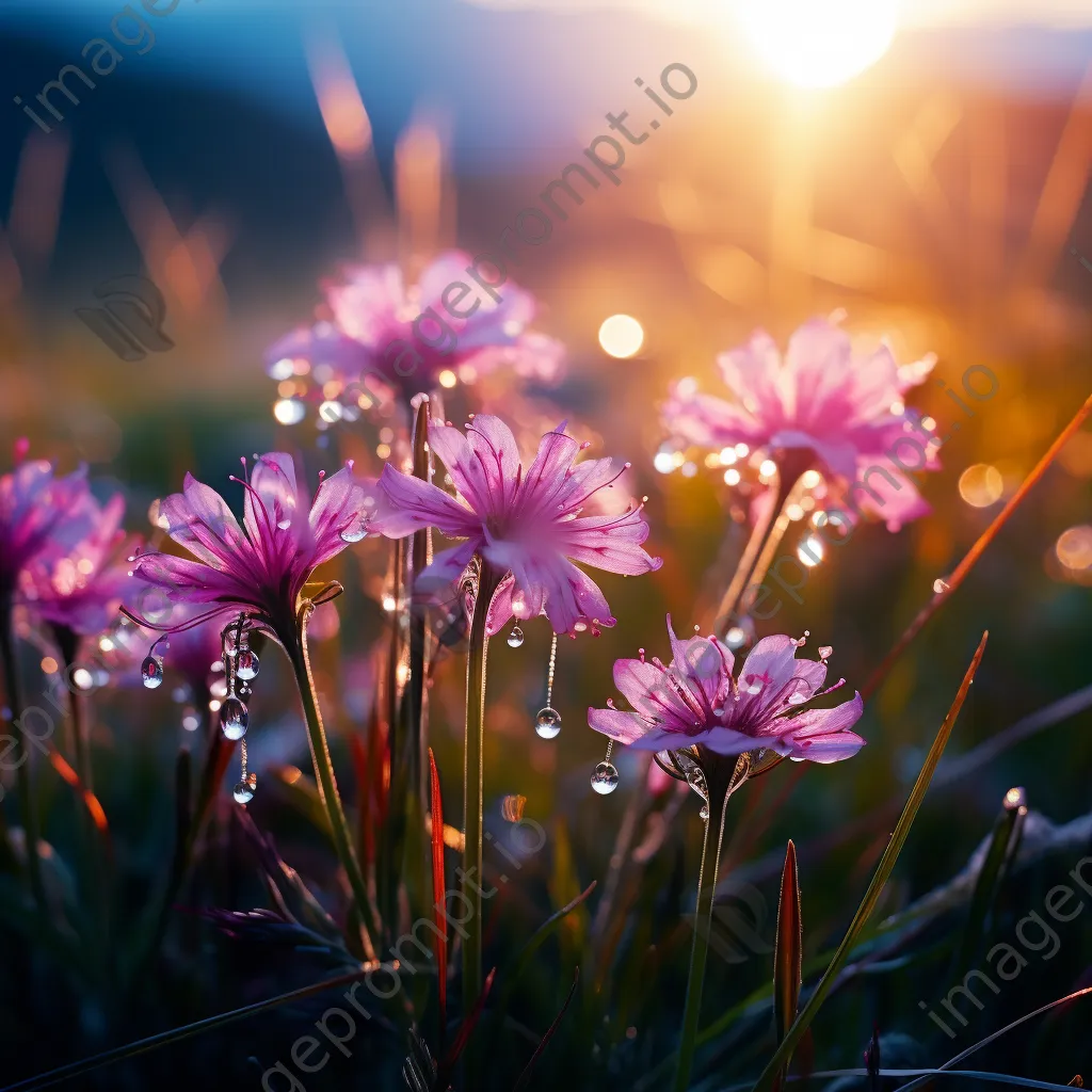 Close-up image of wildflowers with dew in an alpine meadow at sunrise. - Image 3