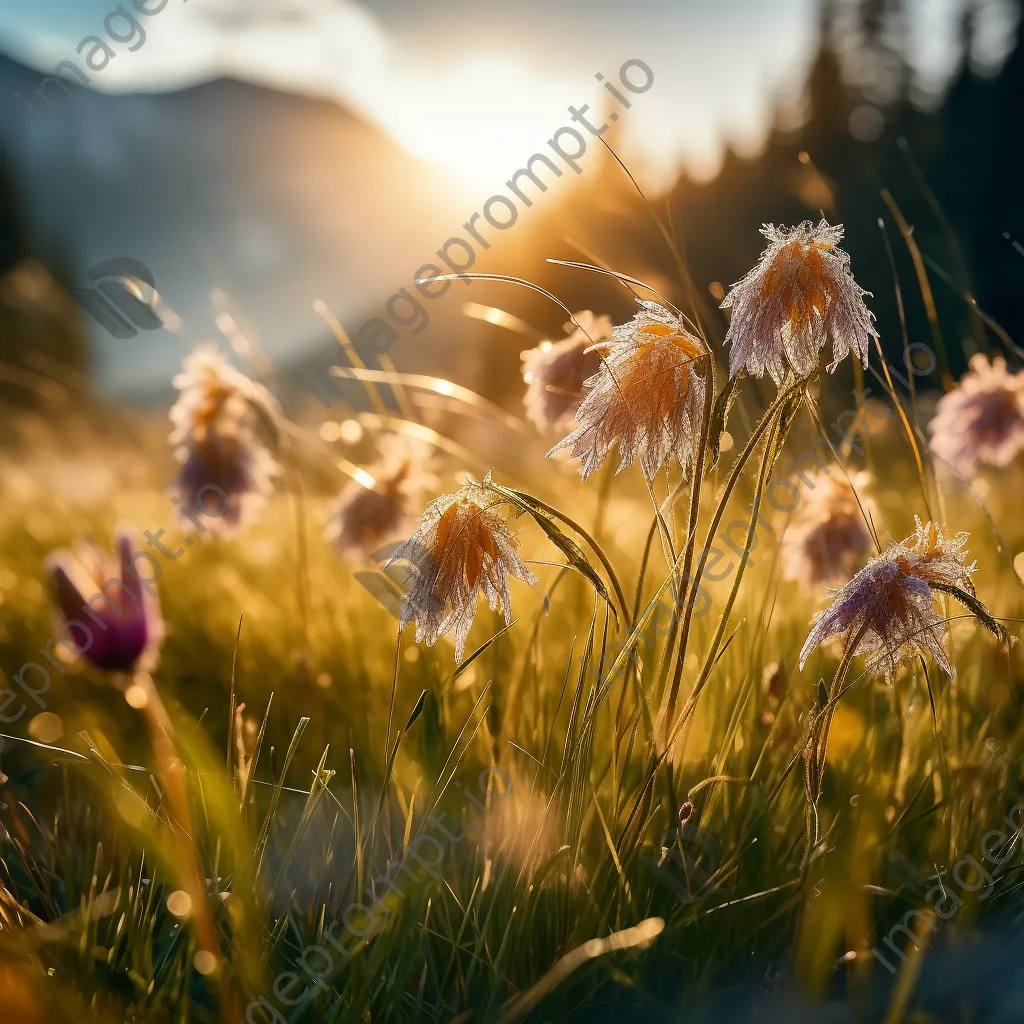 Close-up image of wildflowers with dew in an alpine meadow at sunrise. - Image 4