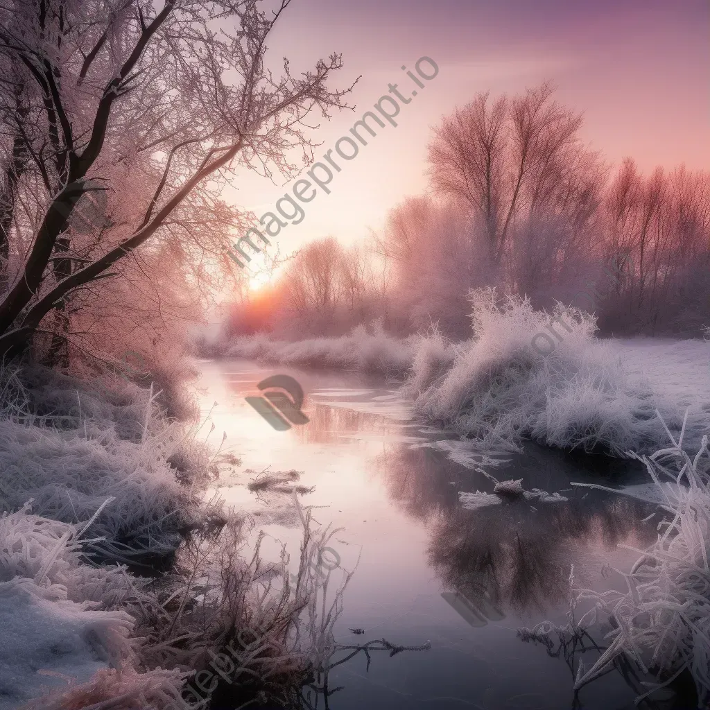 Icy landscape at winter dawn with frost-covered trees - Image 1