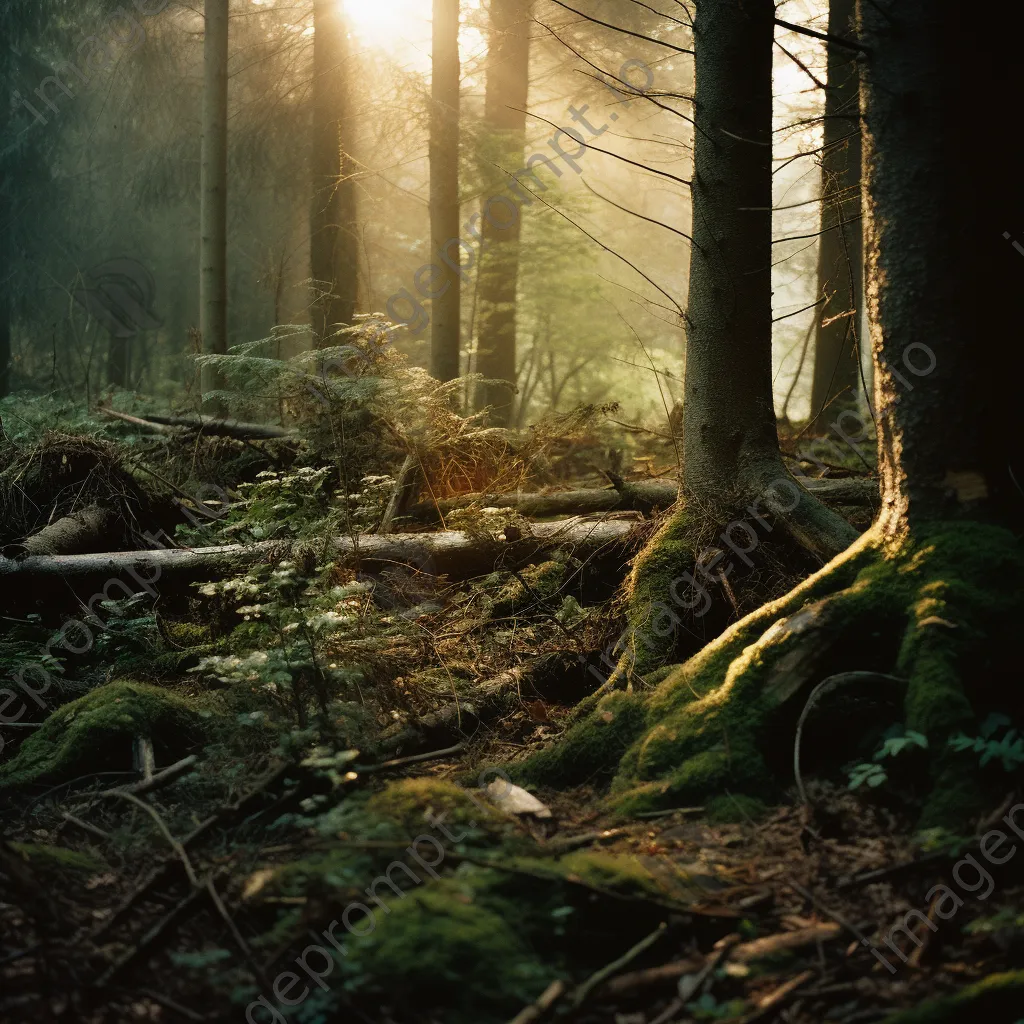 Forest floor with cork bark remnants at dusk - Image 3