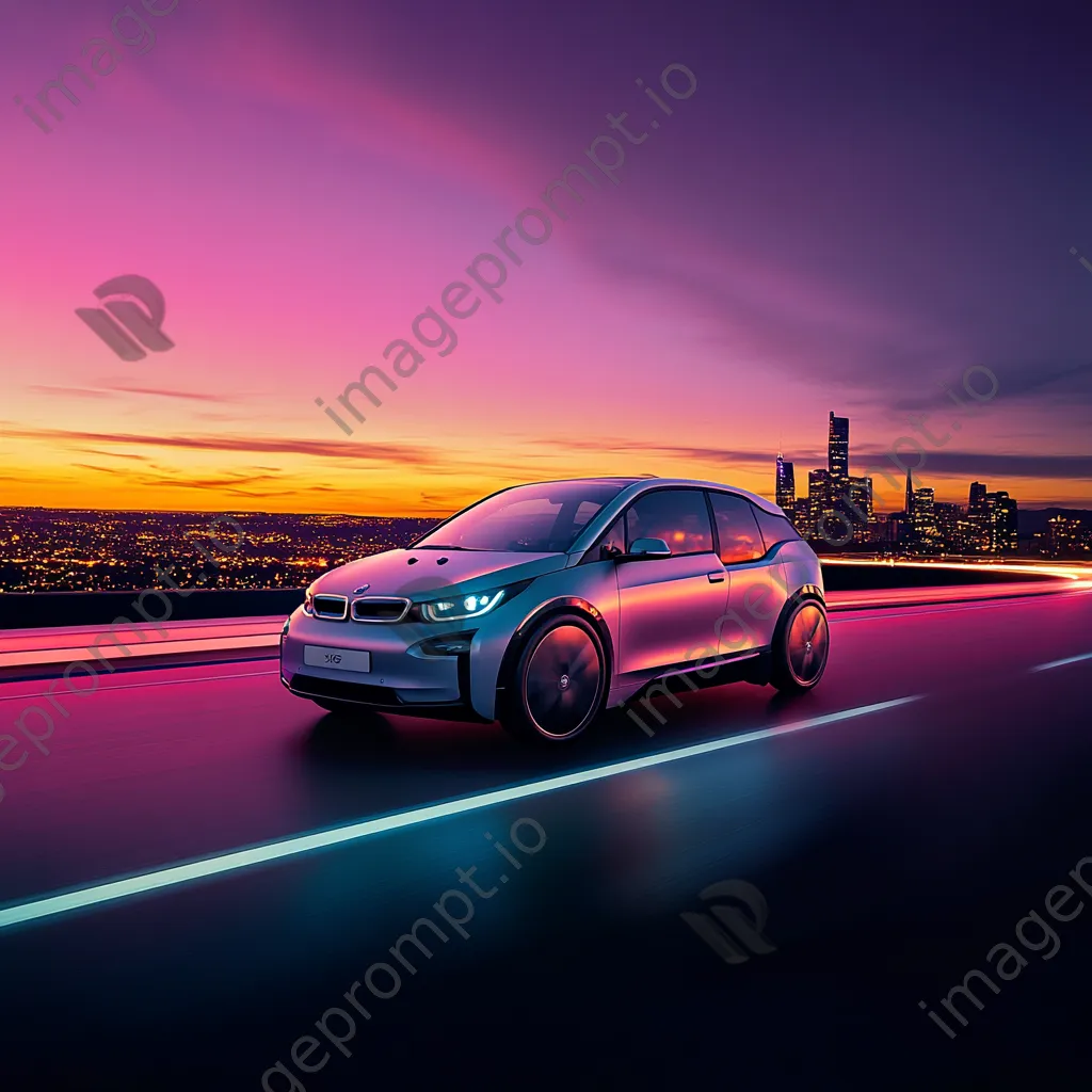 Electric car driving through a city at sunset with city lights - Image 1