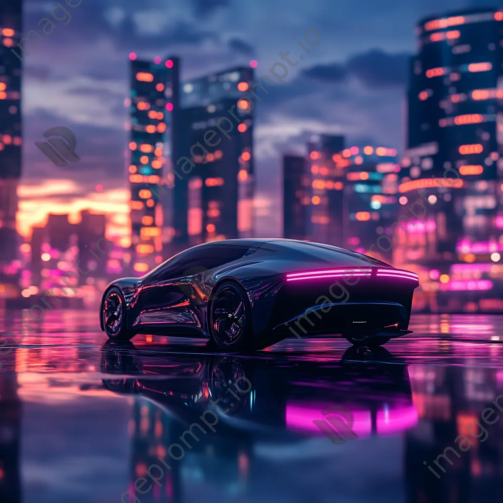 Electric car driving through a city at sunset with city lights - Image 2