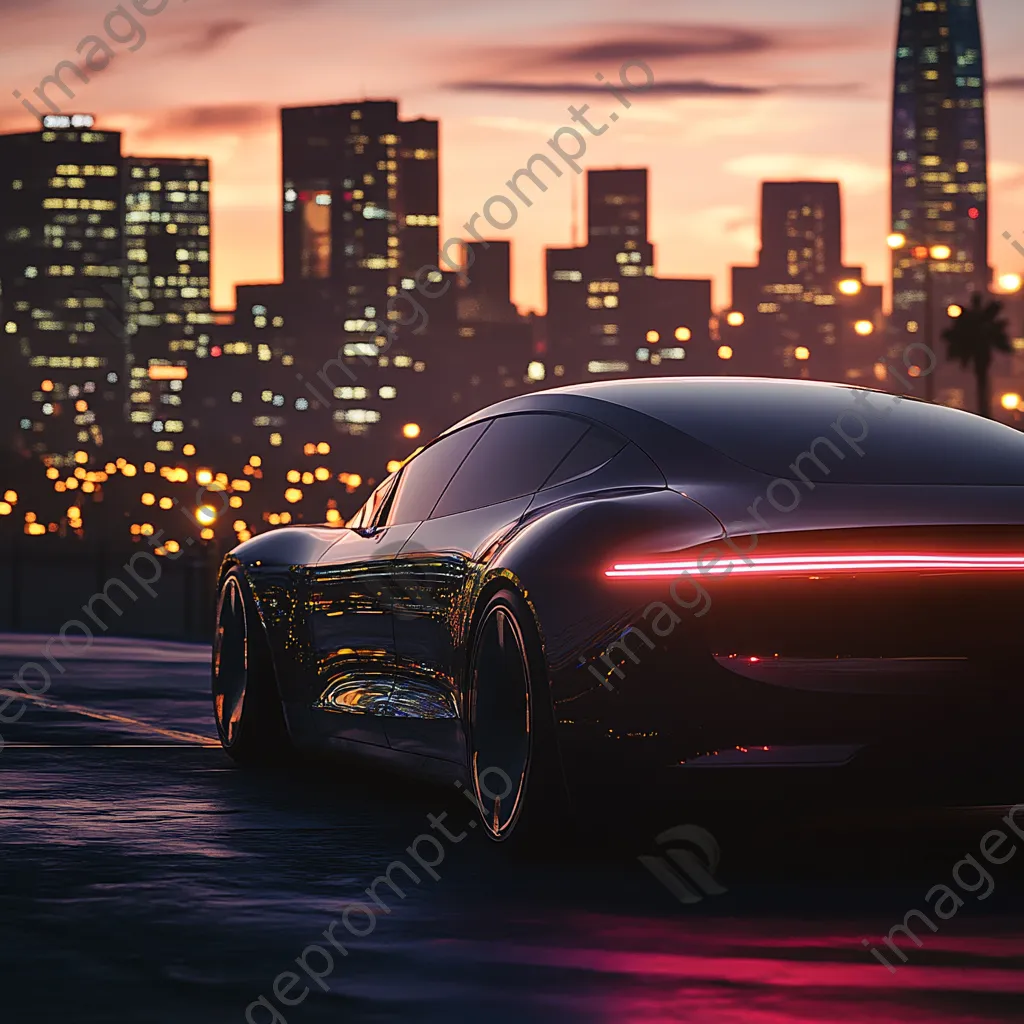 Electric car driving through a city at sunset with city lights - Image 3