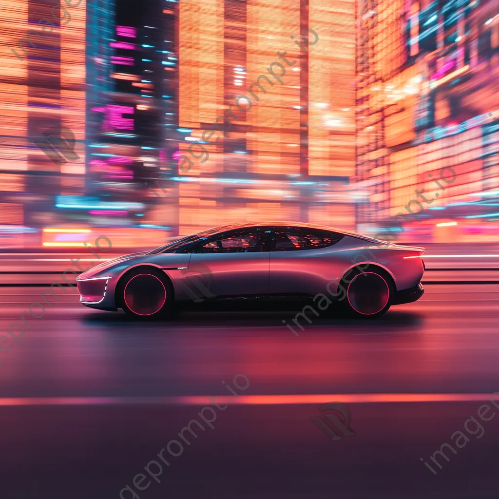 Electric car driving through a city at sunset with city lights - Image 4