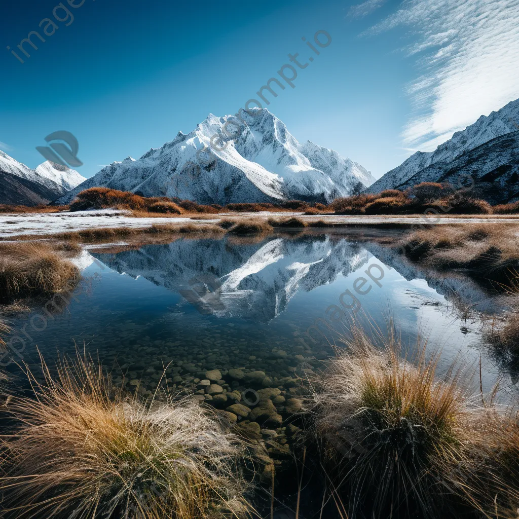 Snow-capped mountain reflected in a lake - Image 1