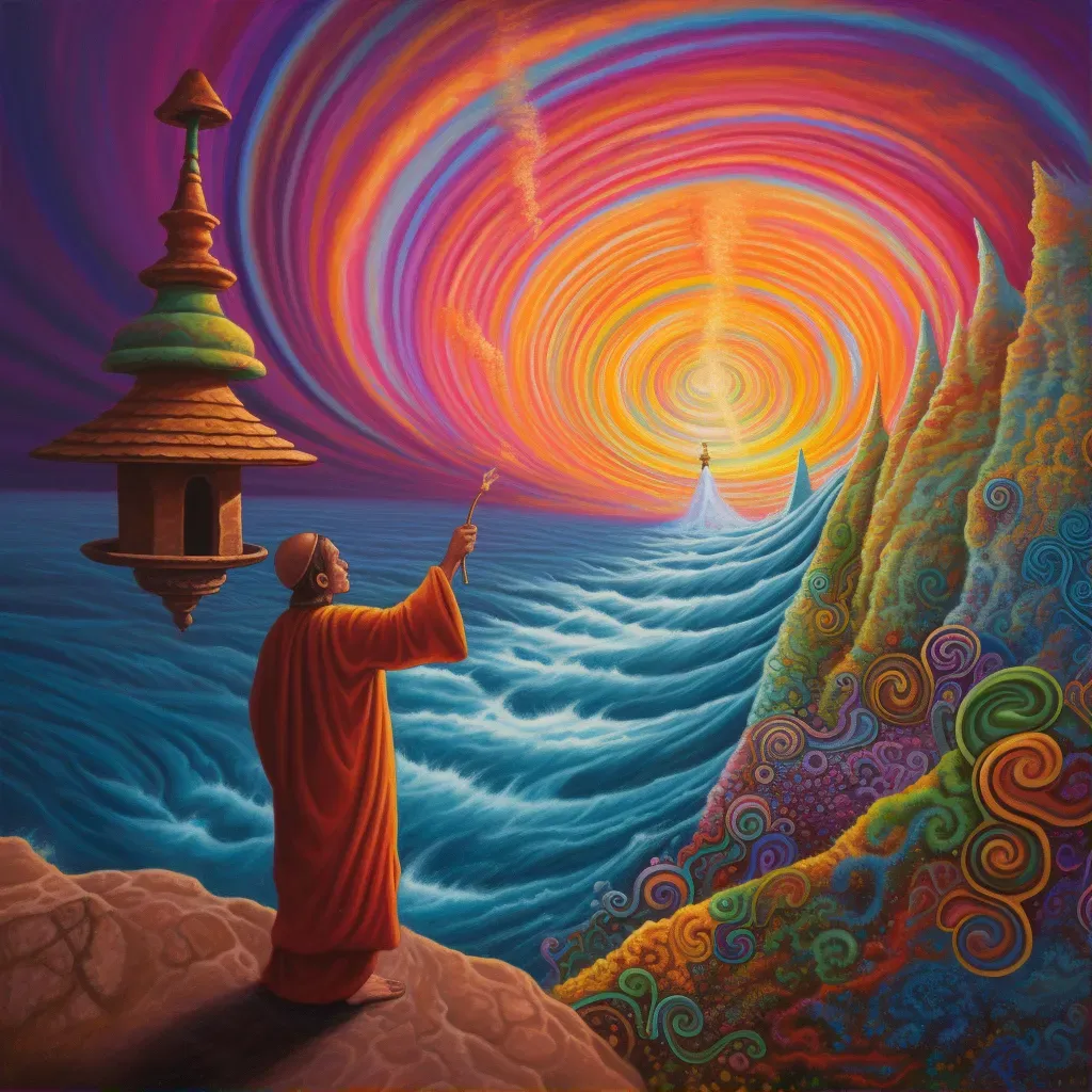 Monk ringing temple bell creating colorful sound wave - Image 1