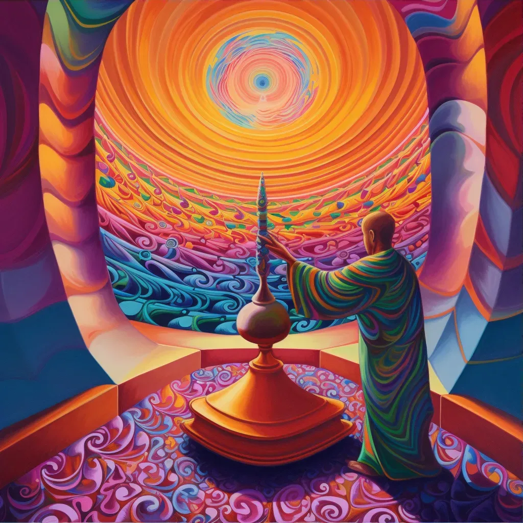 Monk ringing temple bell creating colorful sound wave - Image 3