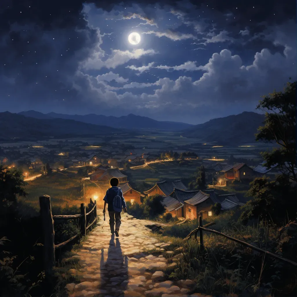 Artistic depiction of teenager leaving rural home for city under starry night sky - Image 1