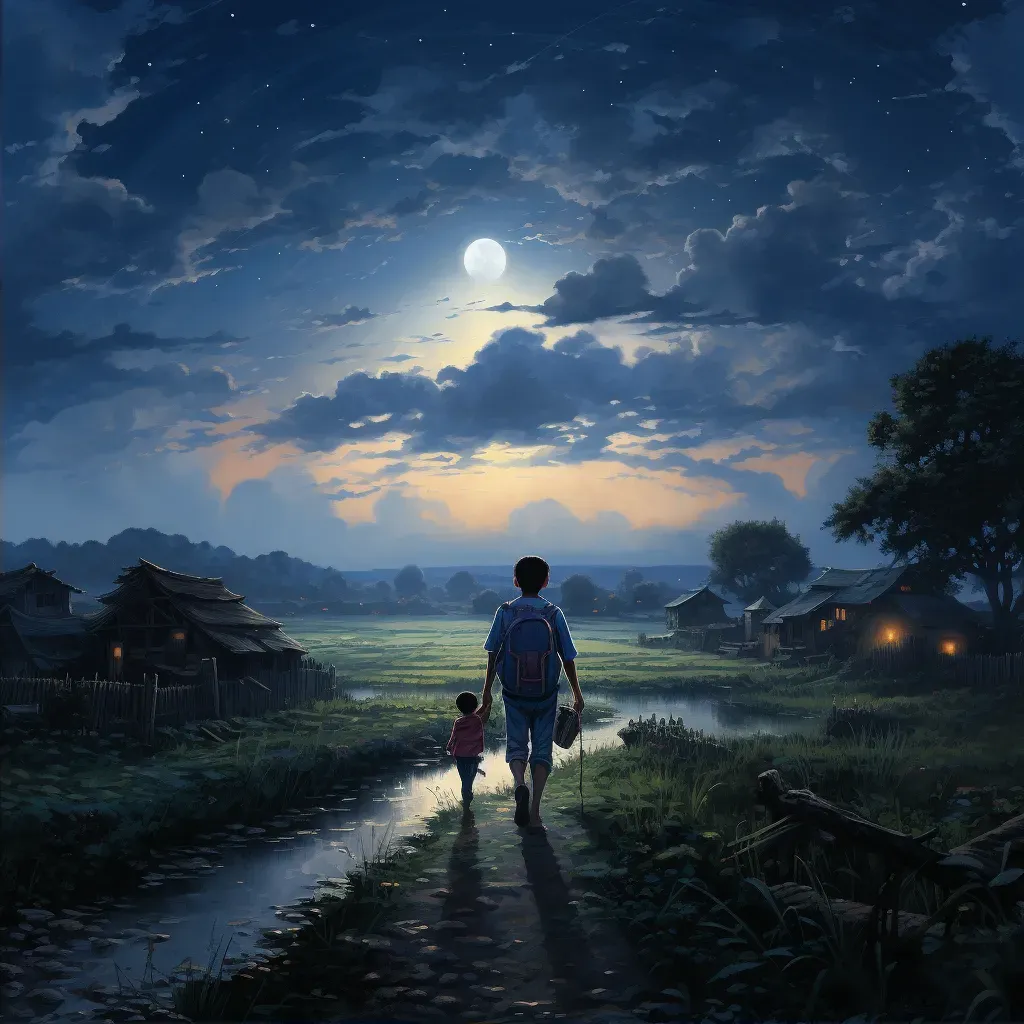 Artistic depiction of teenager leaving rural home for city under starry night sky - Image 2