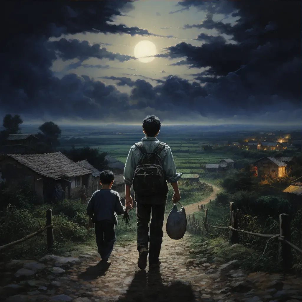 Artistic depiction of teenager leaving rural home for city under starry night sky - Image 3