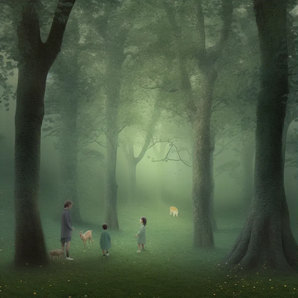 Scene of children in an enchanted forest learning wisdom from talking trees - Image 1