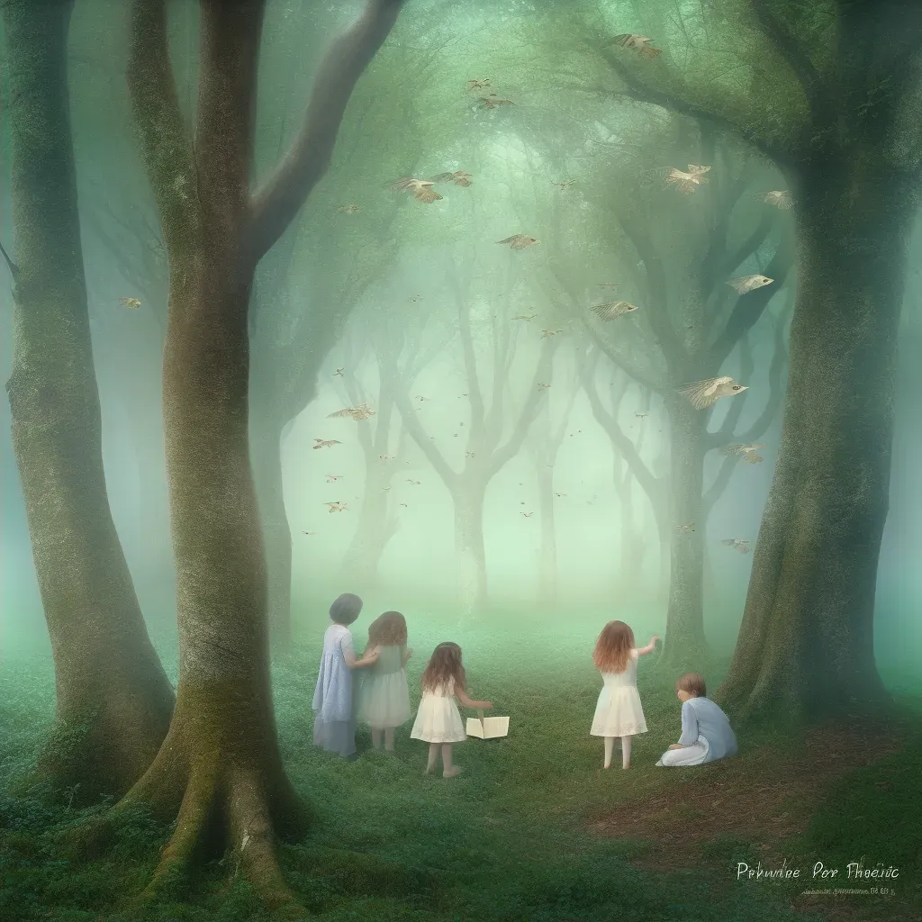 Scene of children in an enchanted forest learning wisdom from talking trees - Image 2