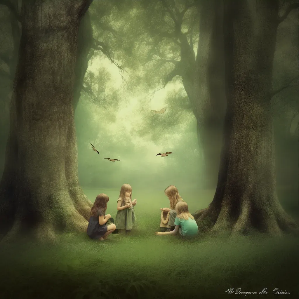 Scene of children in an enchanted forest learning wisdom from talking trees - Image 3