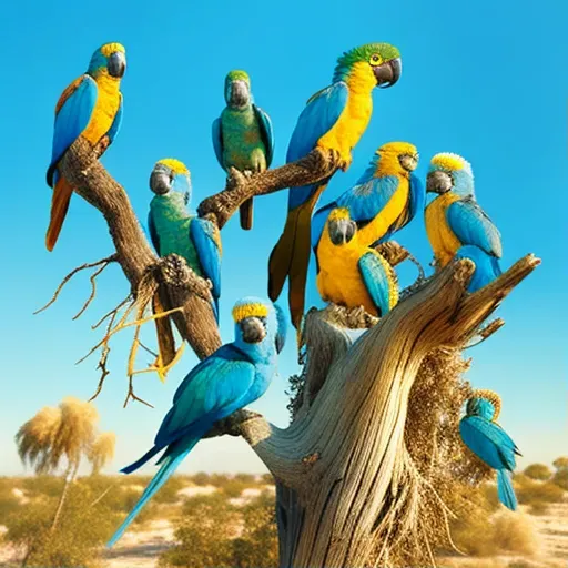 Image of endangered blue-throated macaws perched on a tree in the Bolivian savannah - Image 1