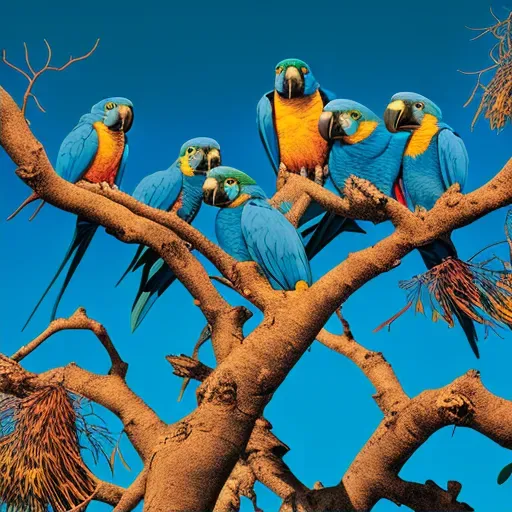 Image of endangered blue-throated macaws perched on a tree in the Bolivian savannah - Image 2