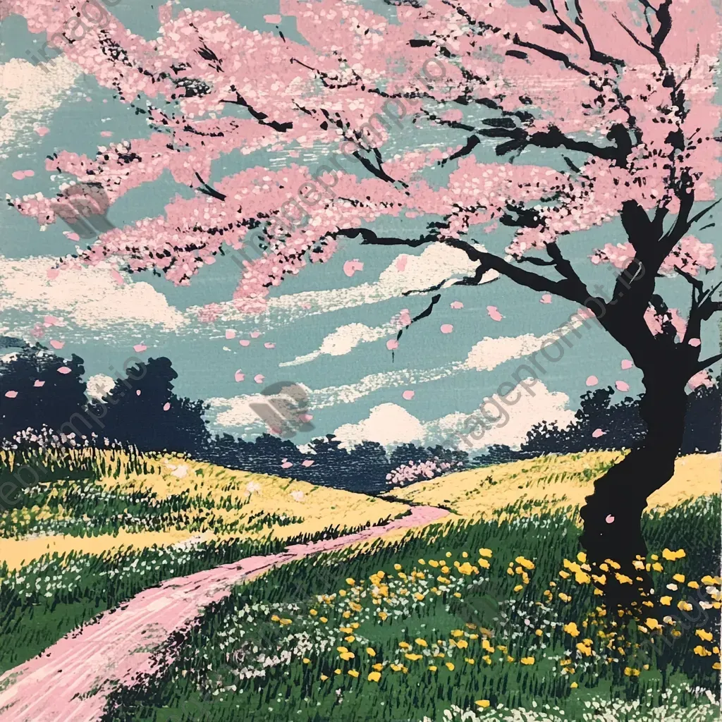 A beautiful springtime meadow with cherry blossoms dancing in the breeze, illustrated in Japanese woodblock style - Image 1