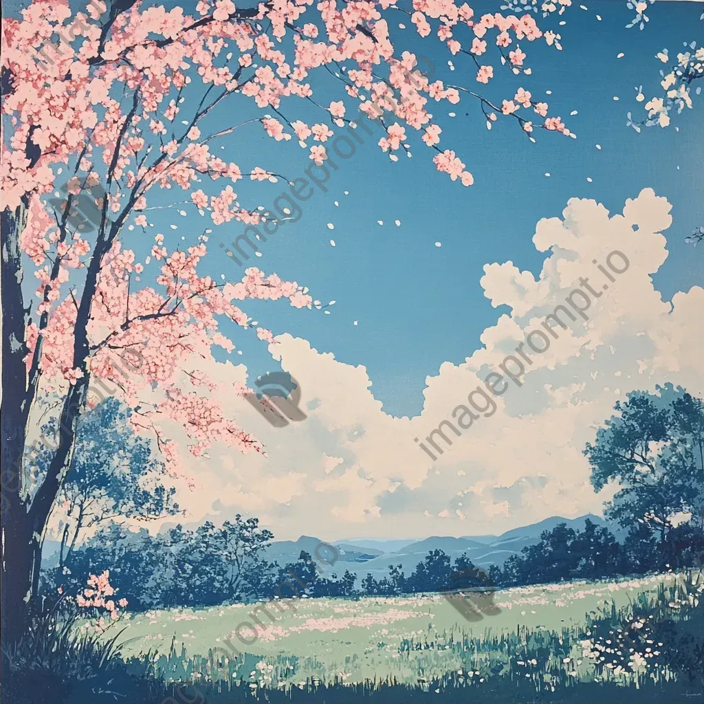 A beautiful springtime meadow with cherry blossoms dancing in the breeze, illustrated in Japanese woodblock style - Image 2