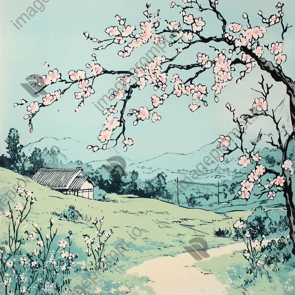 A beautiful springtime meadow with cherry blossoms dancing in the breeze, illustrated in Japanese woodblock style - Image 3