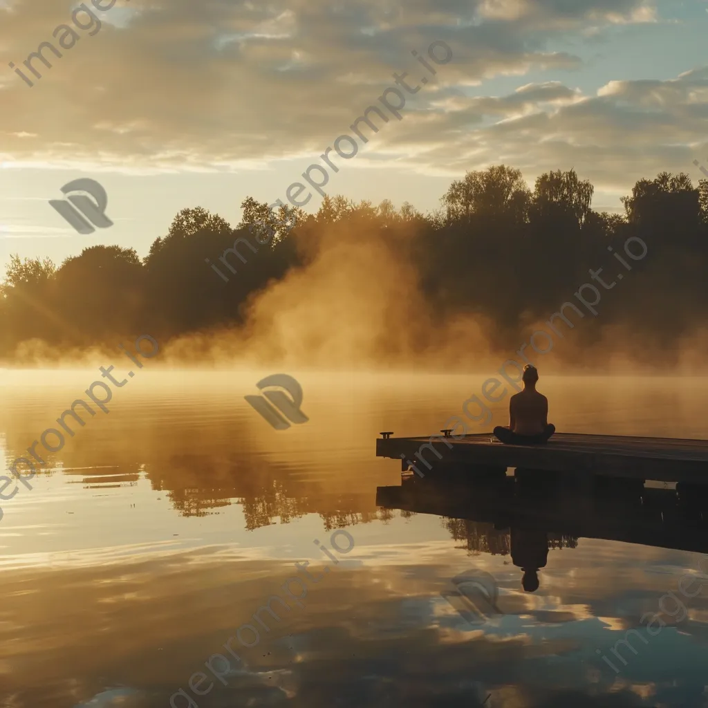 Yogi meditating on a dock at sunrise - Image 1