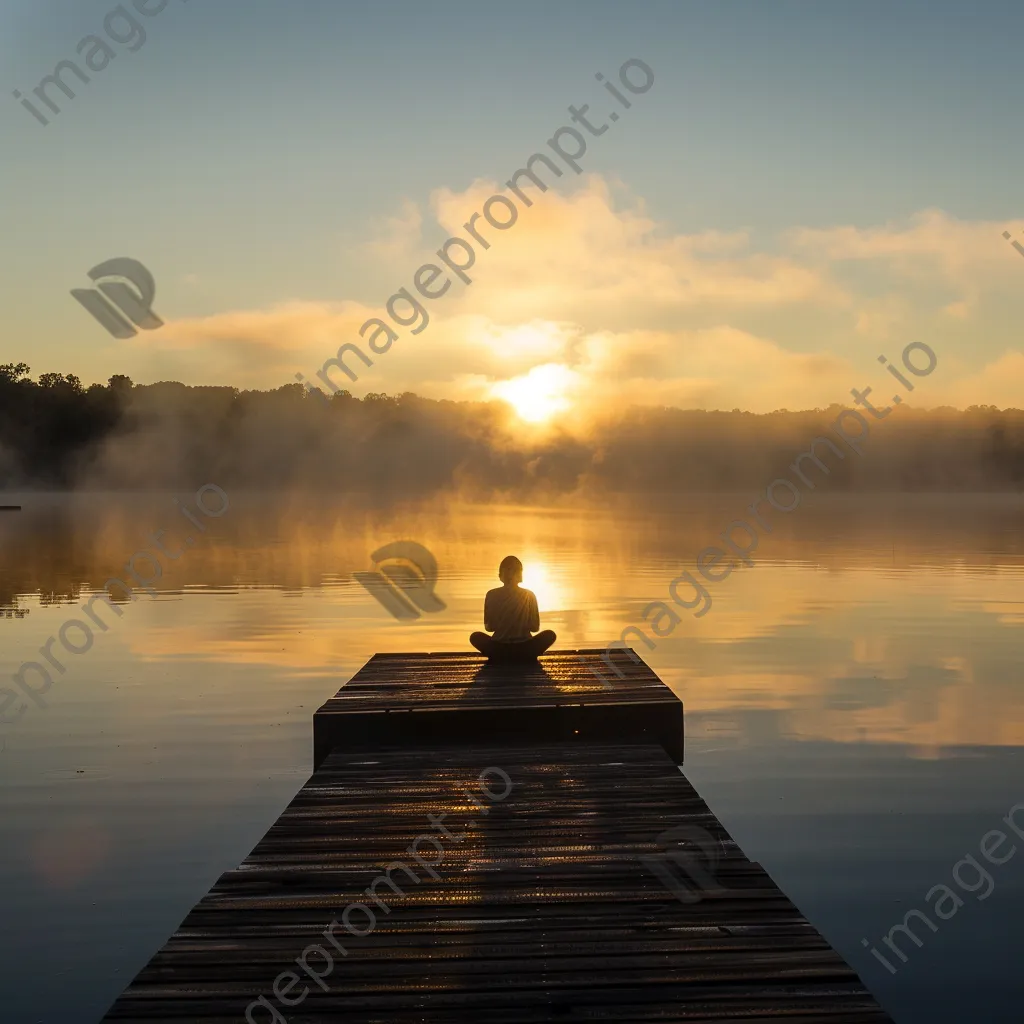 Yogi meditating on a dock at sunrise - Image 2