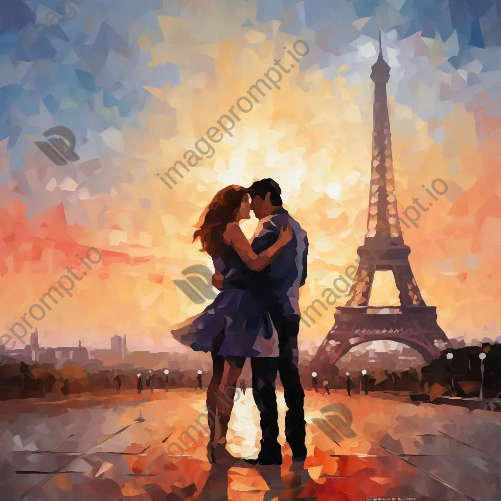 Low-poly depiction of a couple under the Parisian Eiffel Tower - Image 1