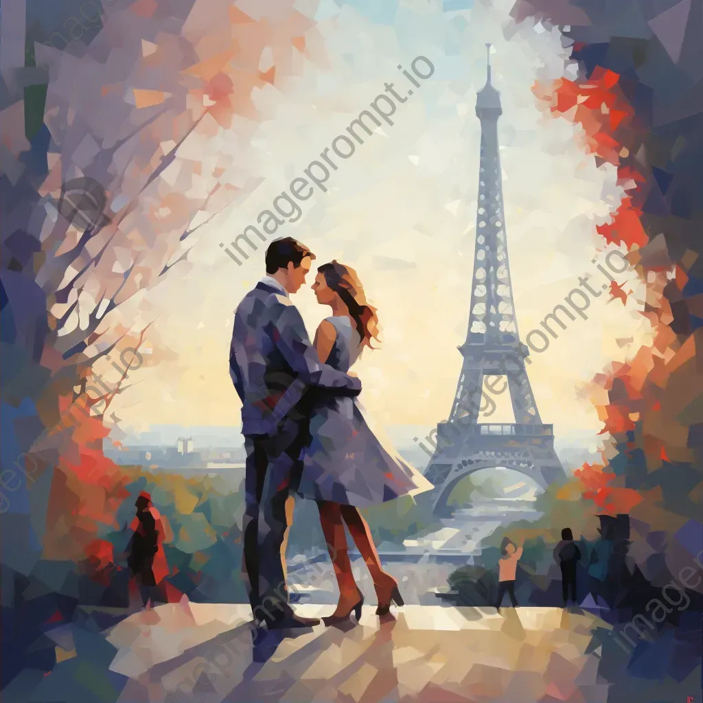 Low-poly depiction of a couple under the Parisian Eiffel Tower - Image 2