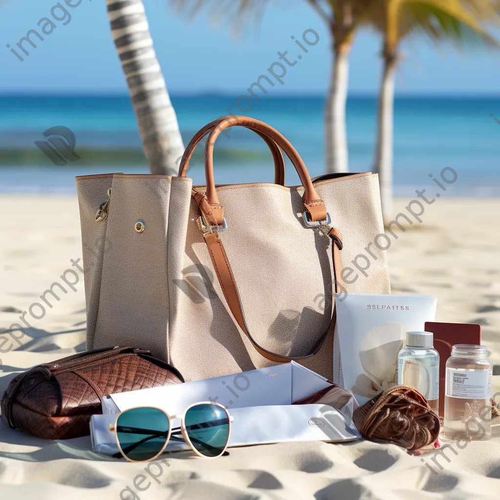 Beach bag with a passport, sunglasses, and brochures by the ocean. - Image 1