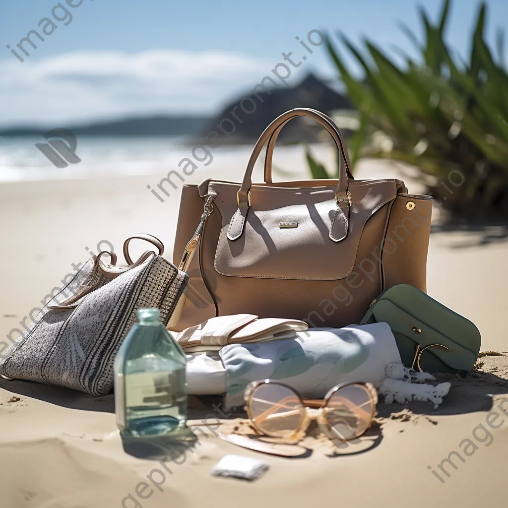 Beach bag with a passport, sunglasses, and brochures by the ocean. - Image 2