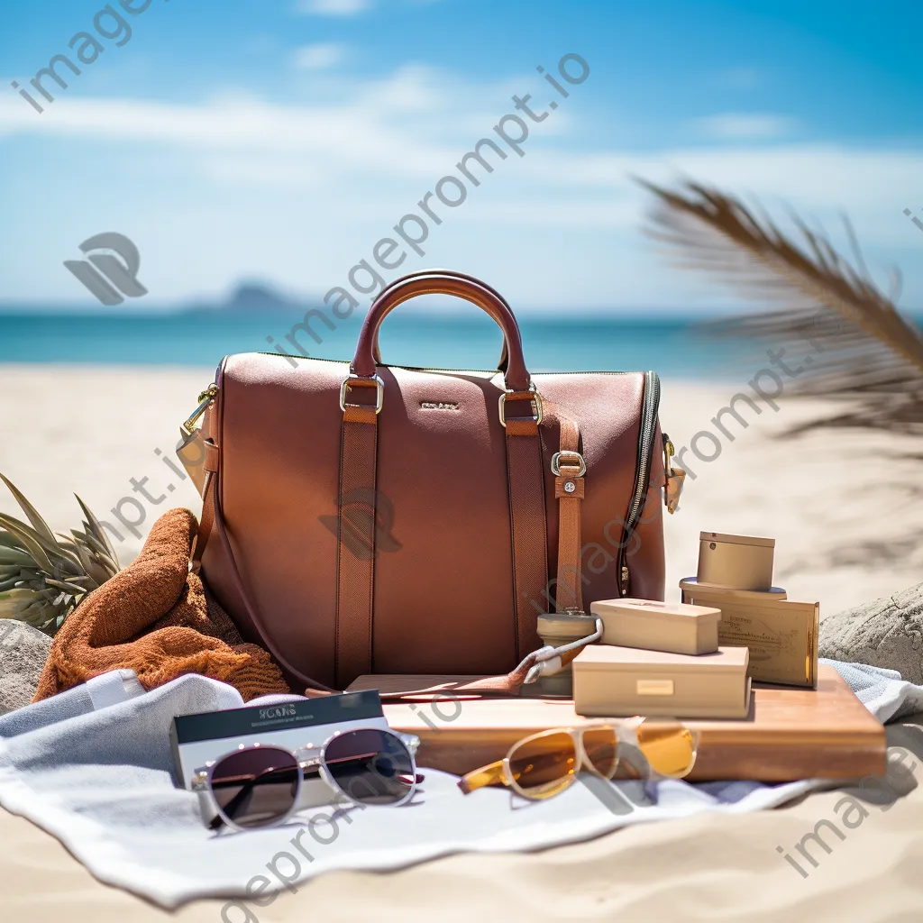 Beach bag with a passport, sunglasses, and brochures by the ocean. - Image 3