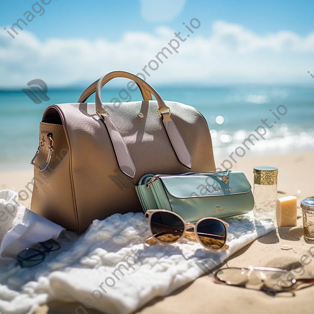 Beach bag with a passport, sunglasses, and brochures by the ocean. - Image 4