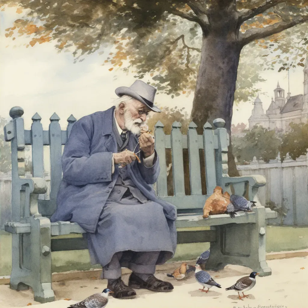 Artistic depiction of elderly man feeding pigeons in changing seasons - Image 2