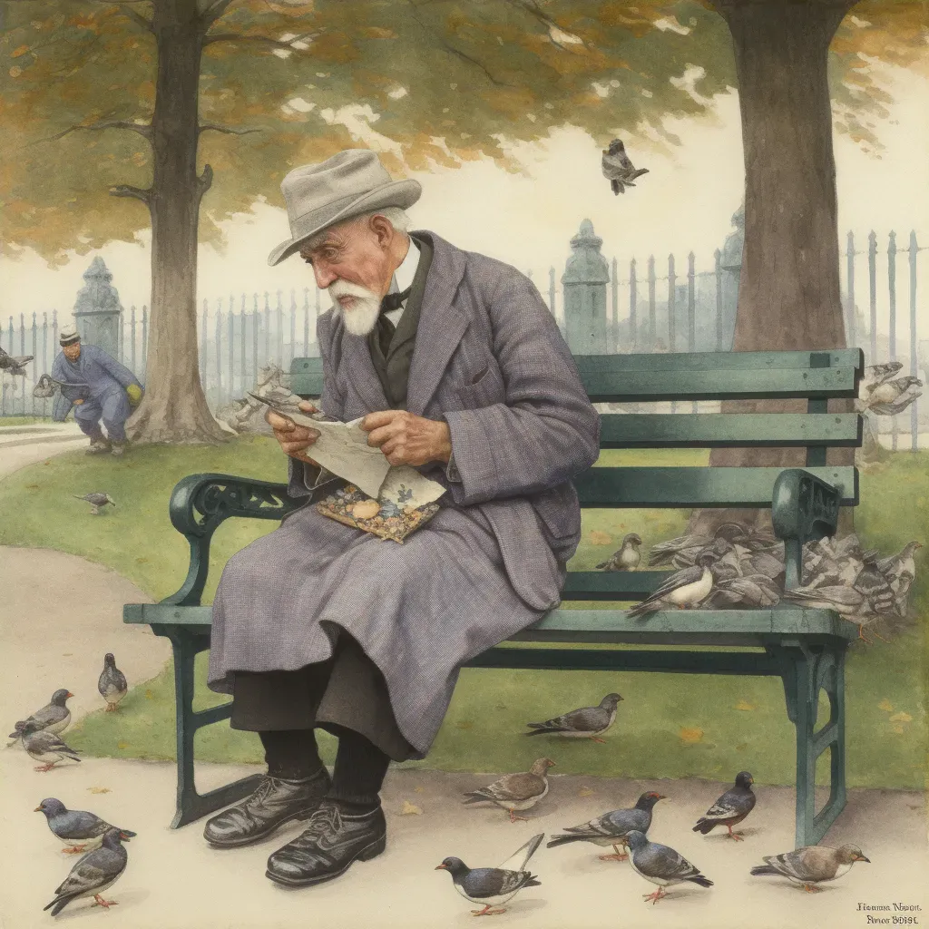 Artistic depiction of elderly man feeding pigeons in changing seasons - Image 4