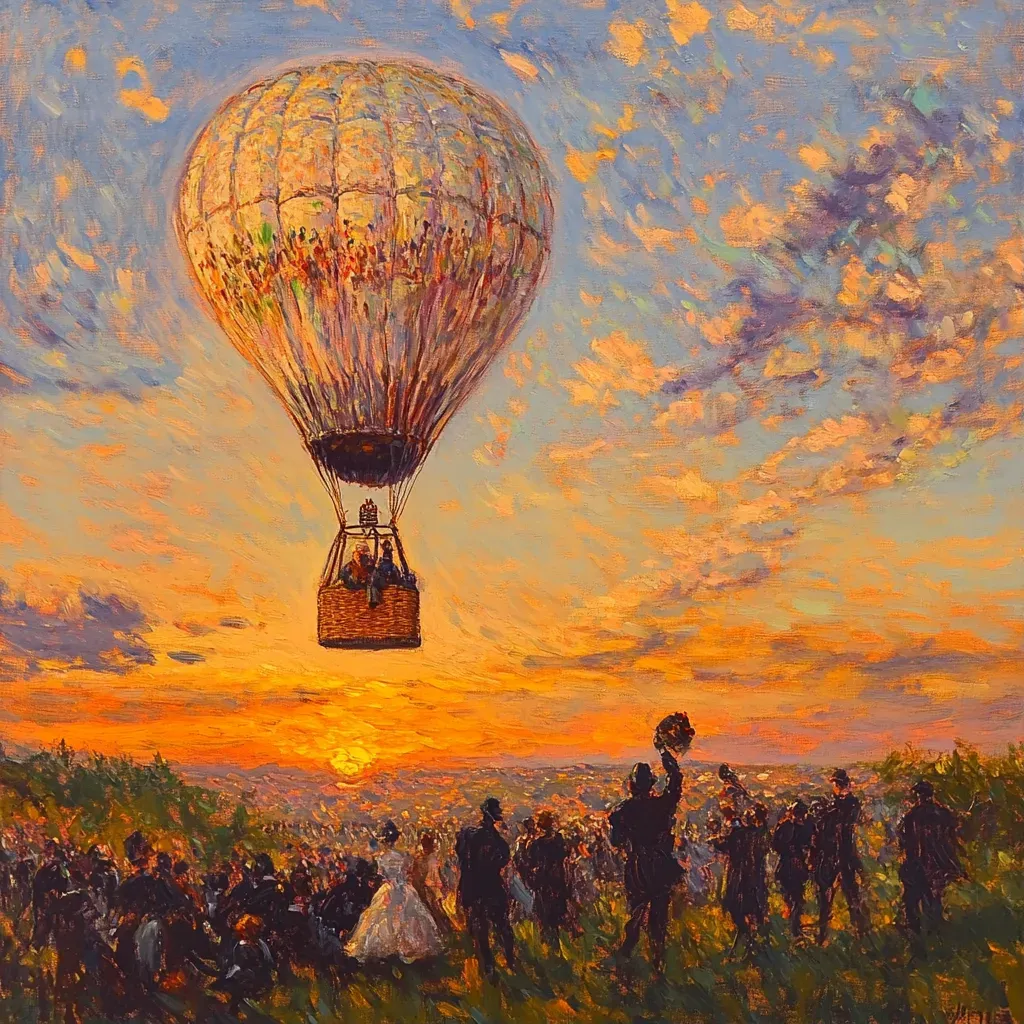 Impressionist artwork of the first hot-air balloon flight amidst a vibrant sunset - Image 1