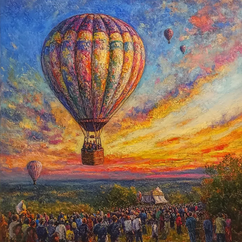 Impressionist artwork of the first hot-air balloon flight amidst a vibrant sunset - Image 2