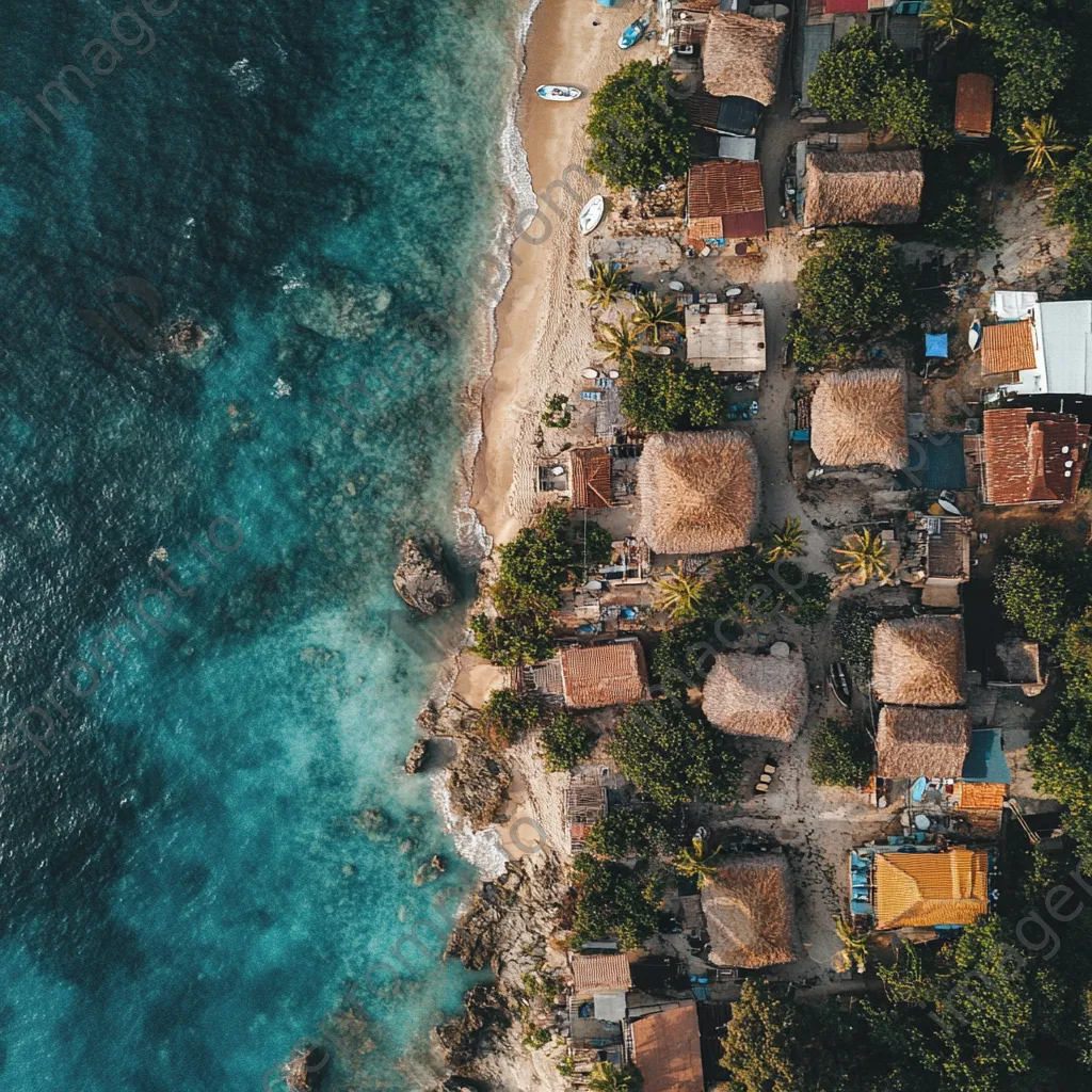 Aerial view of a coastal village with thatched roofs and ocean - Image 1