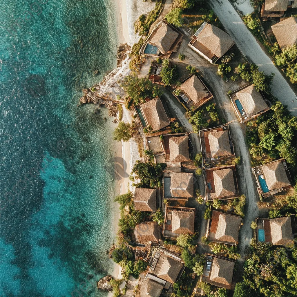 Aerial view of a coastal village with thatched roofs and ocean - Image 2