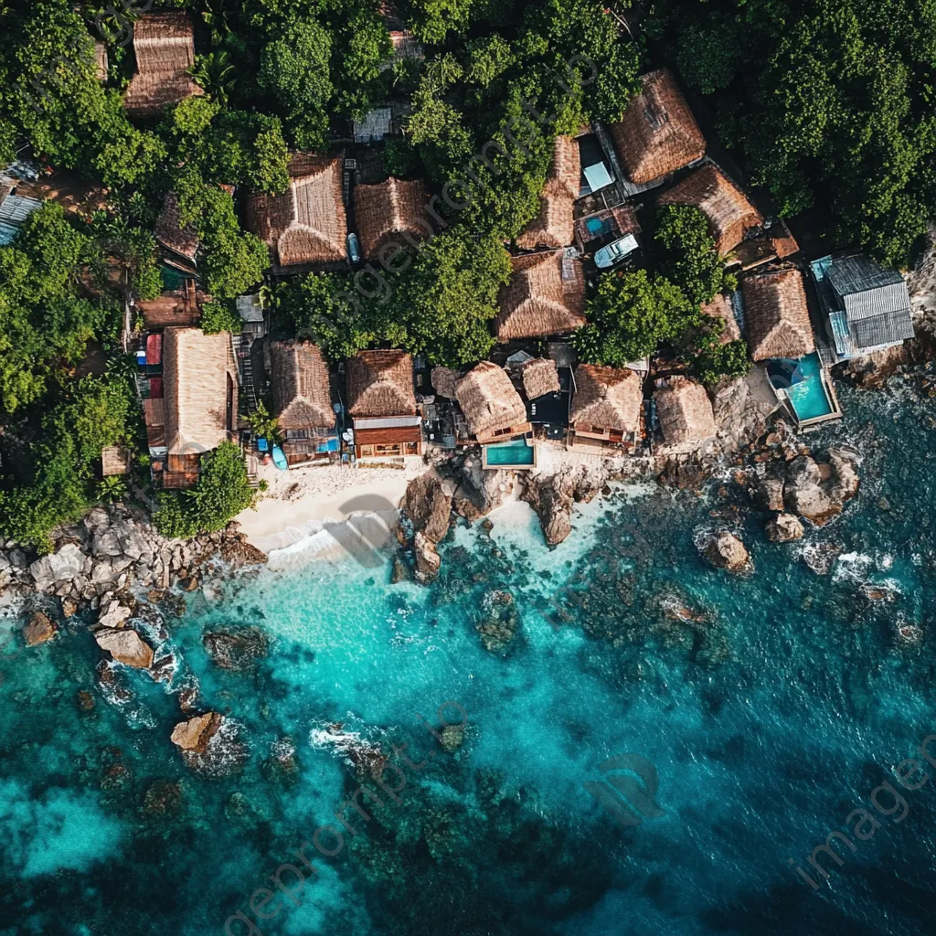 Aerial view of a coastal village with thatched roofs and ocean - Image 3