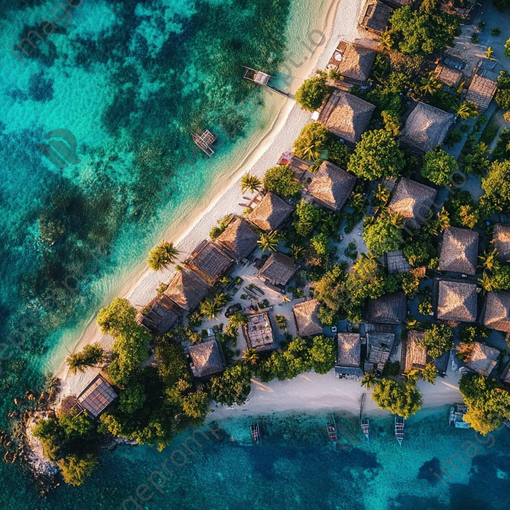 Aerial view of a coastal village with thatched roofs and ocean - Image 4