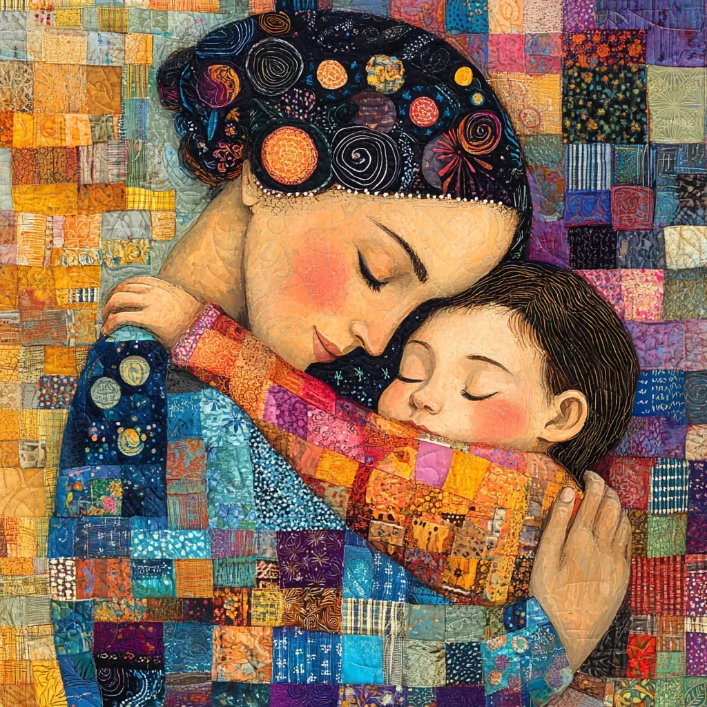 Folk Art style painting of a mother embracing her child in a quilt with intricate protective patterns - Image 3