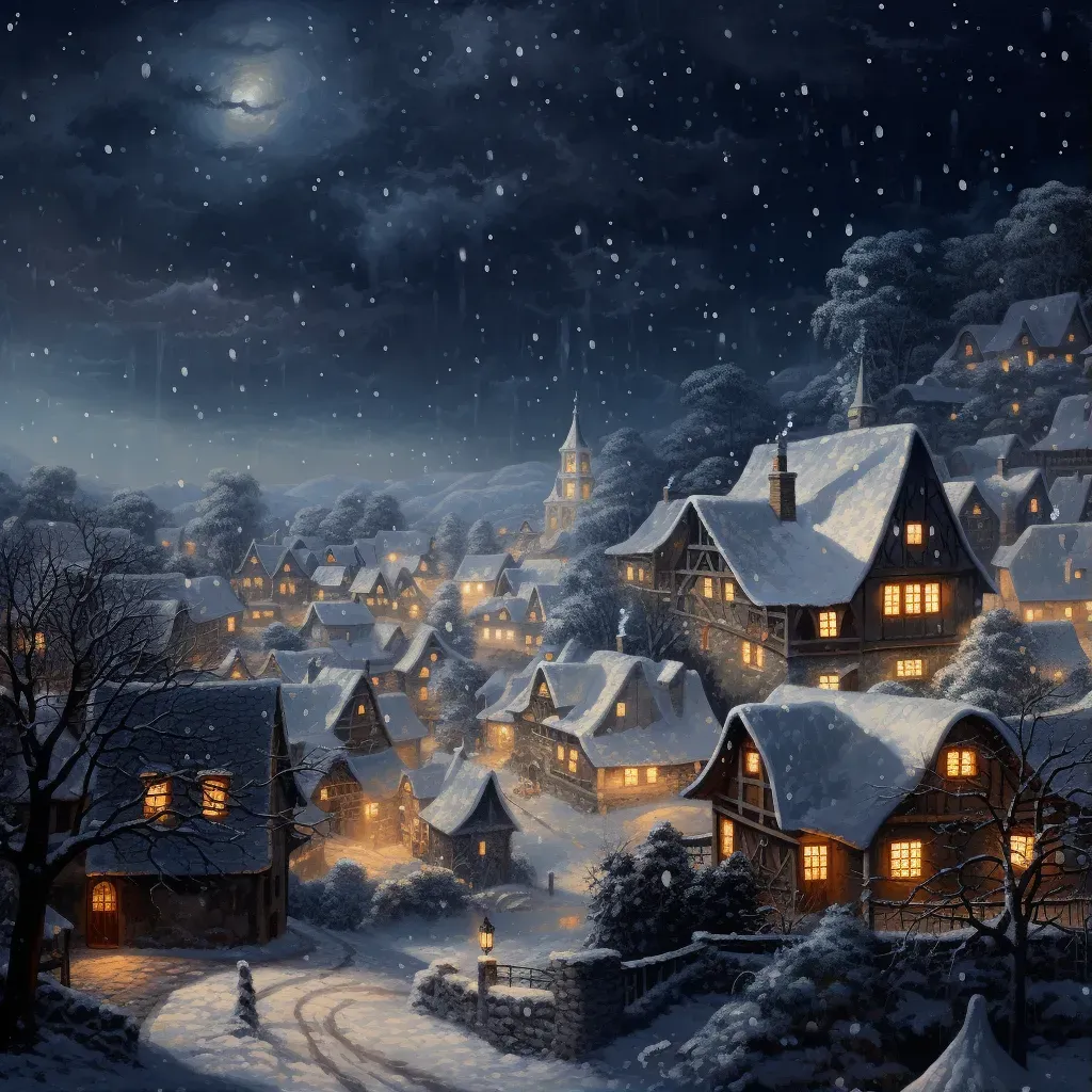 Snow-covered village at night with falling snowflakes - Image 1